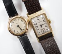 A lady's 1930's 9ct gold Omega manual wind wrist watch, on a later leather strap and a lady's 9ct