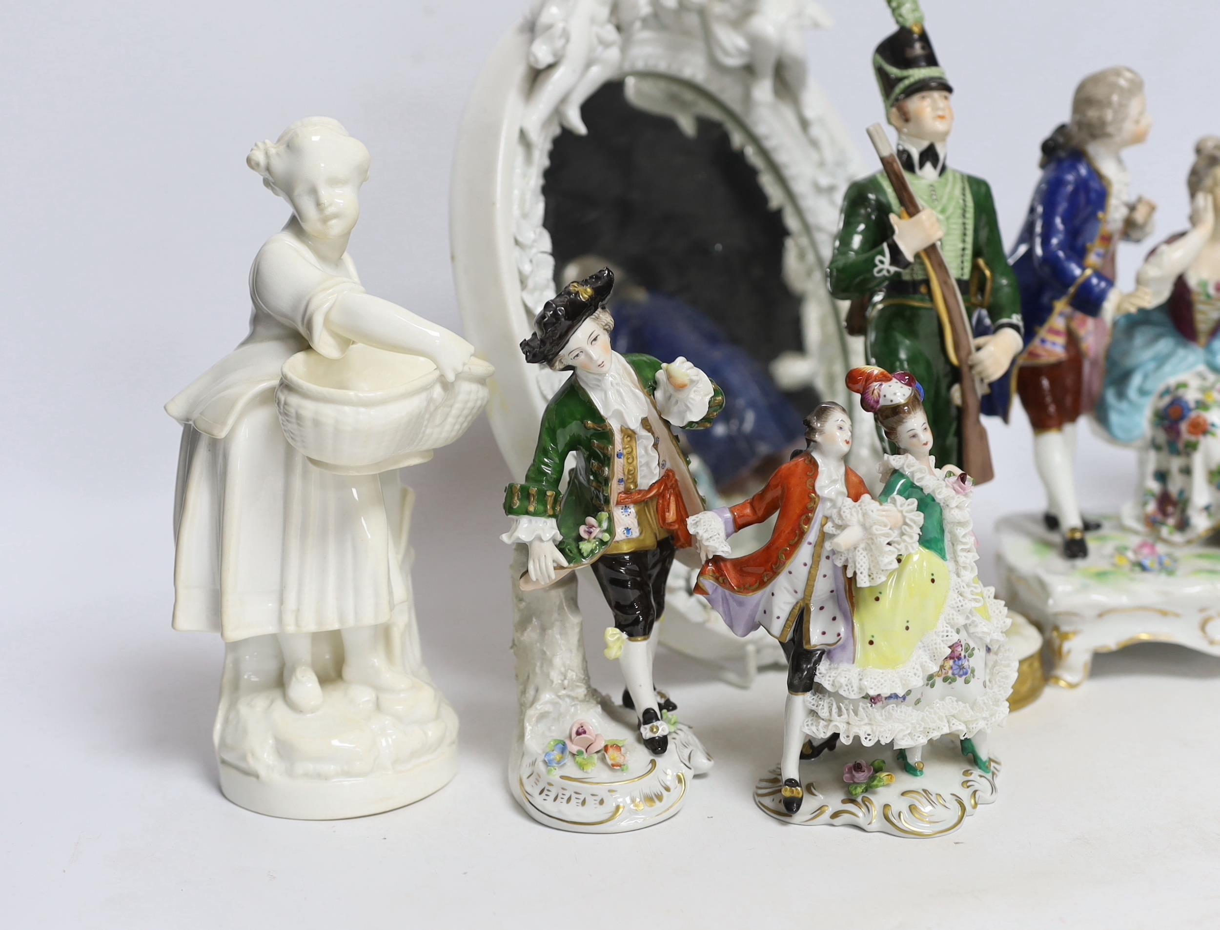 Seven Continental porcelain figures and an oval mirror with floral encrusted decoration, 27cm high - Image 2 of 6