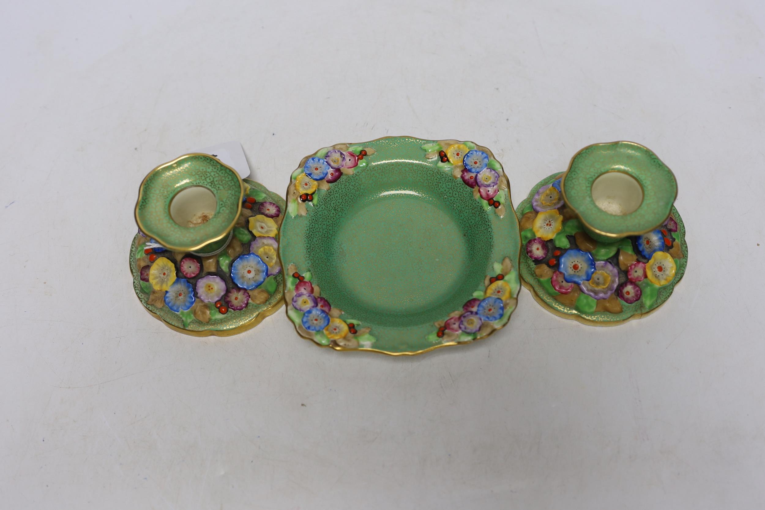 A pair of Tuscan china "Plant" pattern floral encrusted dwarf candlesticks, a circular lidded box - Image 3 of 4
