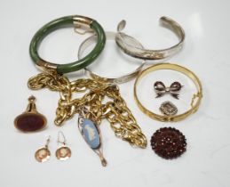 A 19th century yellow metal and seed pearl set mourning clasp, 15mm and other assorted jewellery