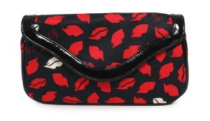 An unused vintage Lulu Guinness 'Anna' black cotton sateen evening bag with lip design and black
