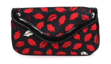 An unused vintage Lulu Guinness 'Anna' black cotton sateen evening bag with lip design and black