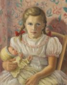 G. Langridge, oil on canvas, Portrait of a girl holding a doll, signed, 50 x 40cm
