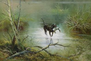 Jason, impressionist oil on canvas, Gun-dog with game, signed, 16 x 91cm