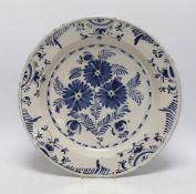 A late 18th century blue and white Delft charger, 34.5cm