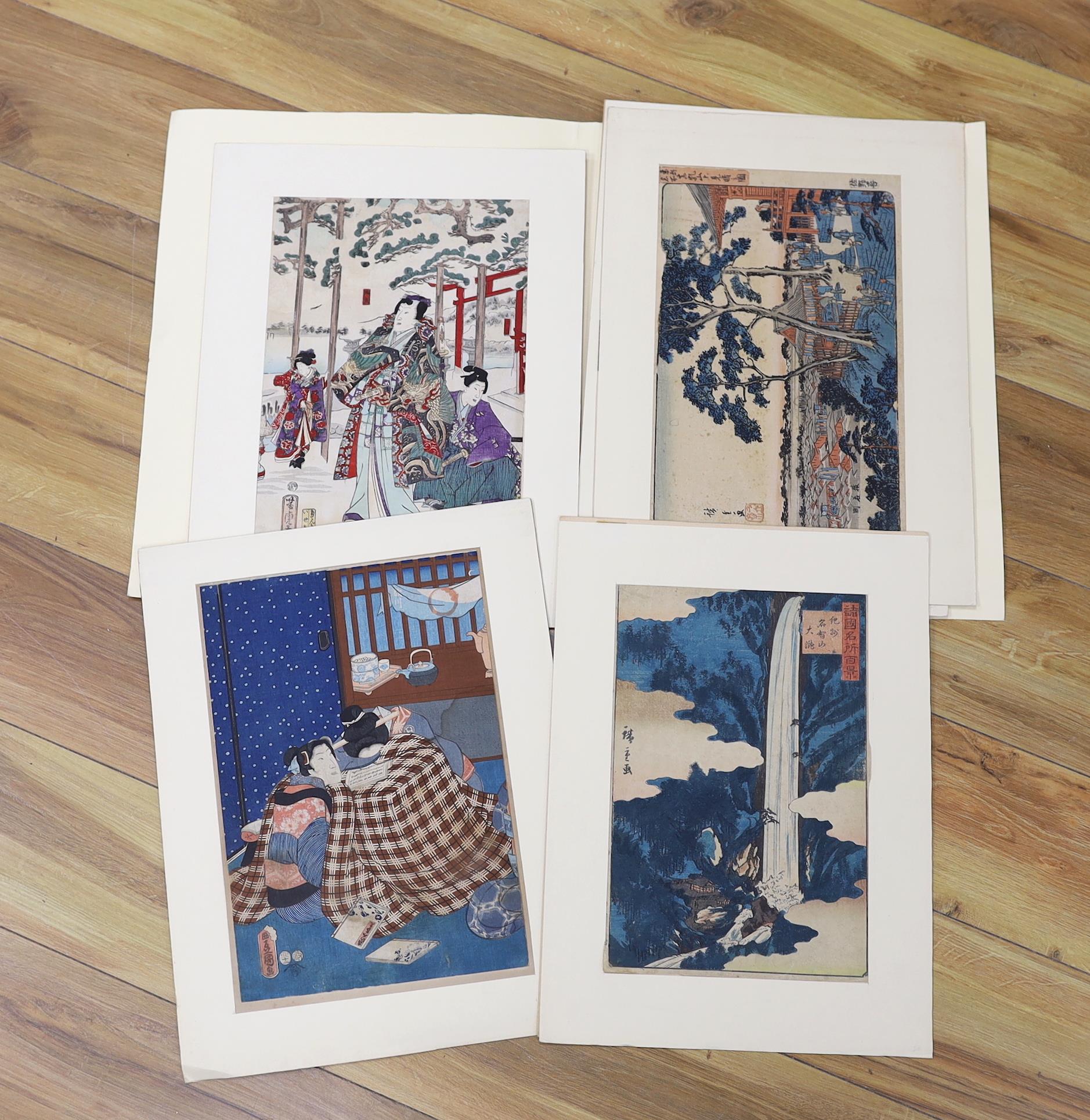 A folio of Japanese woodblock prints, including examples after Utagawa Kunisada and Utagawa Kunisada