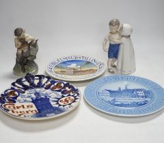 Three Royal Copenhagen and Bing and Grondahl commemorative plates and two figure groups, largest