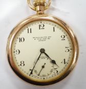 An early 20th century 9ct gold open face pocket watch, retailed by Spiegelhalter Bros, with Arabic