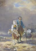 19th century English school, watercolour, Peasant girl leading a blind man along a track, 29 x 22cm