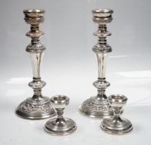 A modern pair of silver mounted candlesticks, Broadway & Co, Birmingham, 1991, 22.23cm and a pair of