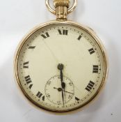 A George V 9ct gold open face keyless pocket watch, with Roman dial, subsidiary second and metal