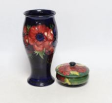 A Walter Moorcroft blue pansy pattern vase and a box and cover