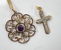An early 20th century yellow metal, amethyst and seed pearl set pendant, 32mm, on a gilt metal
