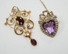 An early 20th century yellow metal, amethyst and seed pearl cluster set heart shaped brooch, 27mm,