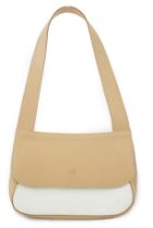 A Mulberry leather shoulder bag, two tone white and light tan. Mulberry logo embossed in the