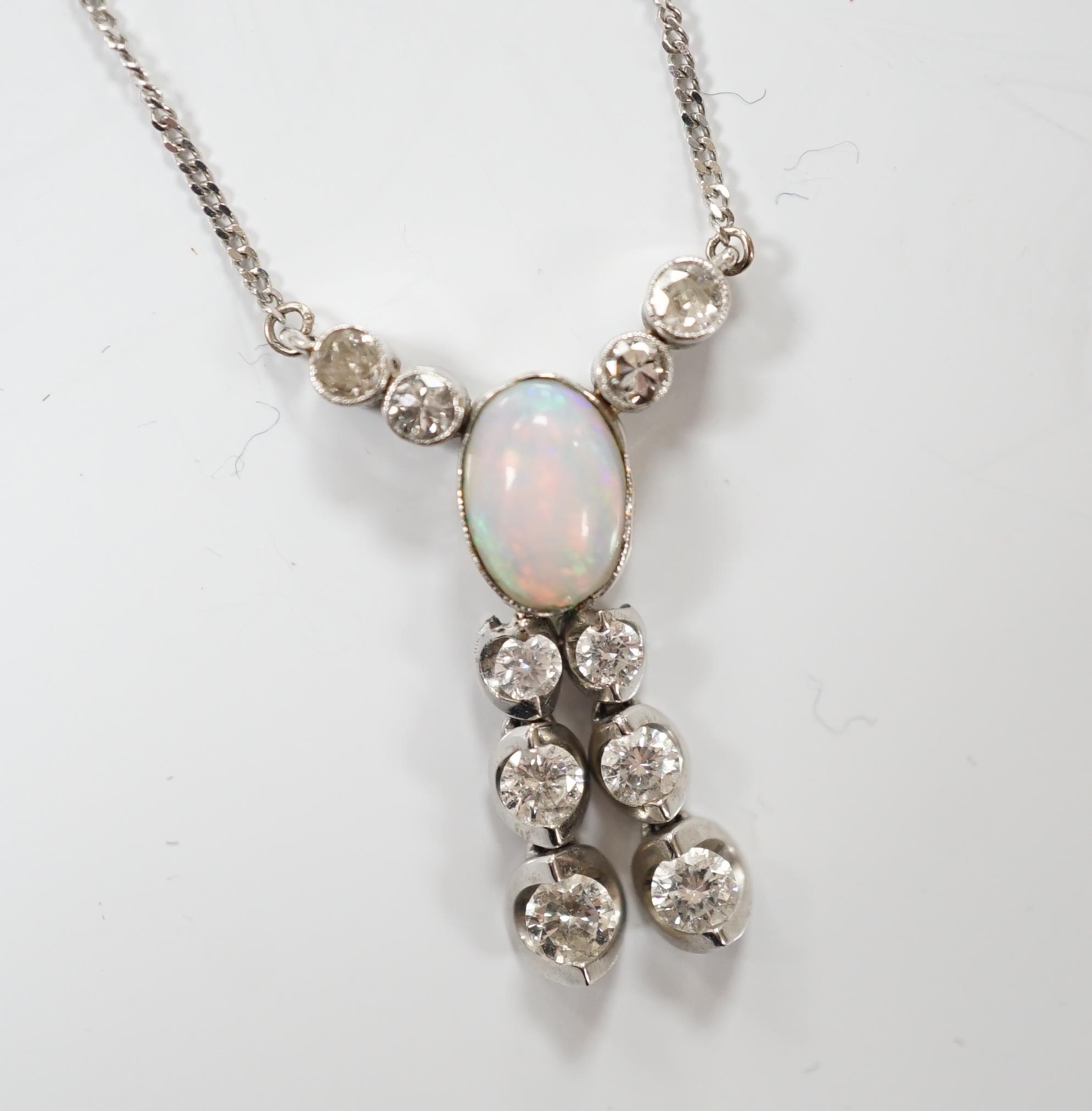 A modern 18ct white gold, white opal and diamond cluster set double drop pendant necklace, overall - Image 5 of 8