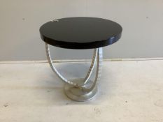 A Porta Romana Trident chestnut gloss/decayed silver side table, diameter 52cm, height 53cm