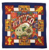 A Hermès Le Tarot silk scarf designed by Annie Faivre in 1991, blue, red, multi colours, with
