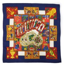 A Hermès Le Tarot silk scarf designed by Annie Faivre in 1991, blue, red, multi colours, with