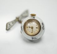 An early to mid 20th century silver and two colour enamel globe pendant watch, on suspension chain