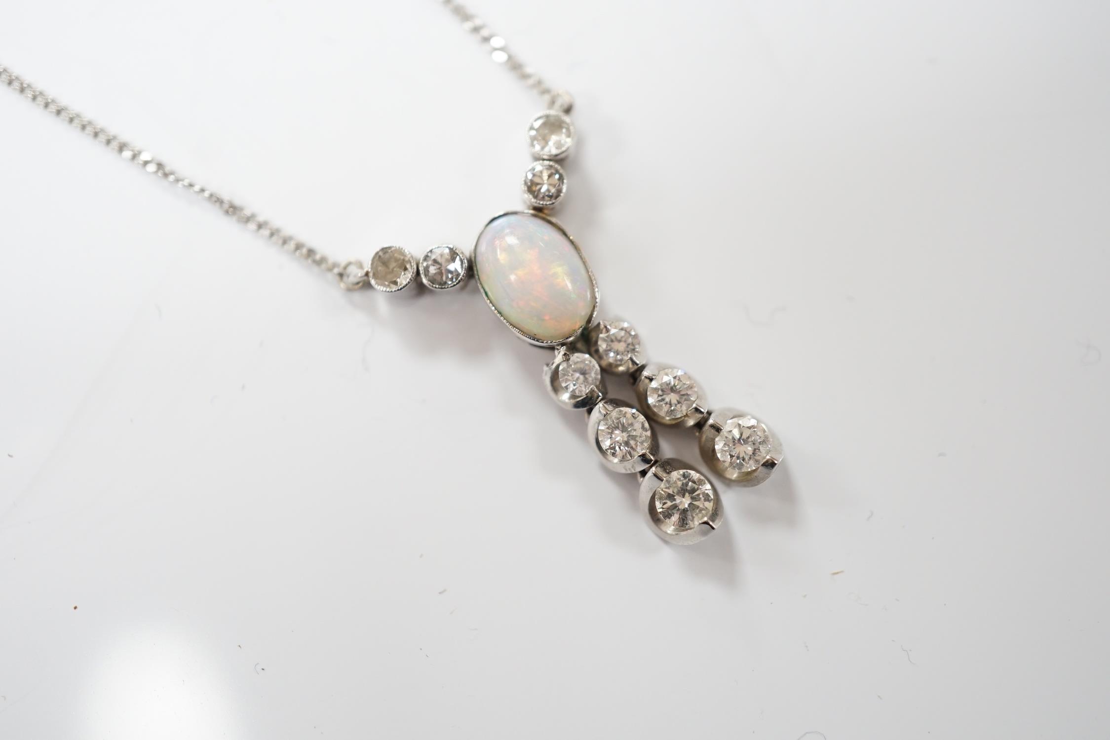 A modern 18ct white gold, white opal and diamond cluster set double drop pendant necklace, overall - Image 3 of 8