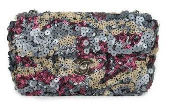 ** ** A Chanel 2012 Classique sequined mini shoulder bag, grey/beige/burgundy leather sequined