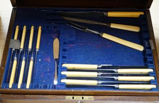 A 20th century oak cased canteen of cutlery, Harrison Bro’s & Howson, the knives with ivorine