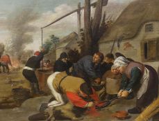 Flemish School, oil on panel, Slaughtering a pig, in ornate gilt frame, 26 x 33cm