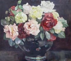 Dorcie Sykes (1908-1998), watercolour, Still life of flowers in a bowl, signed, Harrods Ltd. label