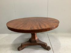 A William IV circular mahogany tilt top breakfast table, diameter 129cm, height 71cm