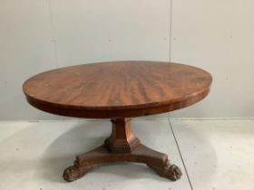 A William IV circular mahogany tilt top breakfast table, diameter 129cm, height 71cm