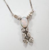 A modern 18ct white gold, white opal and diamond cluster set double drop pendant necklace, overall