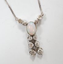 A modern 18ct white gold, white opal and diamond cluster set double drop pendant necklace, overall