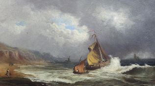 19th Century English School, oil on canvas, Fishing boats along the coast, indistinctly signed, 35 x