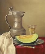 James Noble (British, 1919-1985), Still life with a pewter jug, a melon and a glass of white wine,