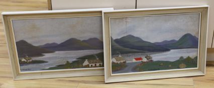 M O’Shaughnessy (Irish), pair of felt and collages, Mountainous river landscapes, each signed, 35