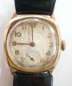 A gentleman's early to mid 20th century 9ct gold manual wind wrist watch, with subsidiary seconds,