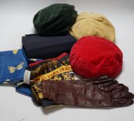 A group of silk and other scarves, kid gloves and three velvet ladies hats