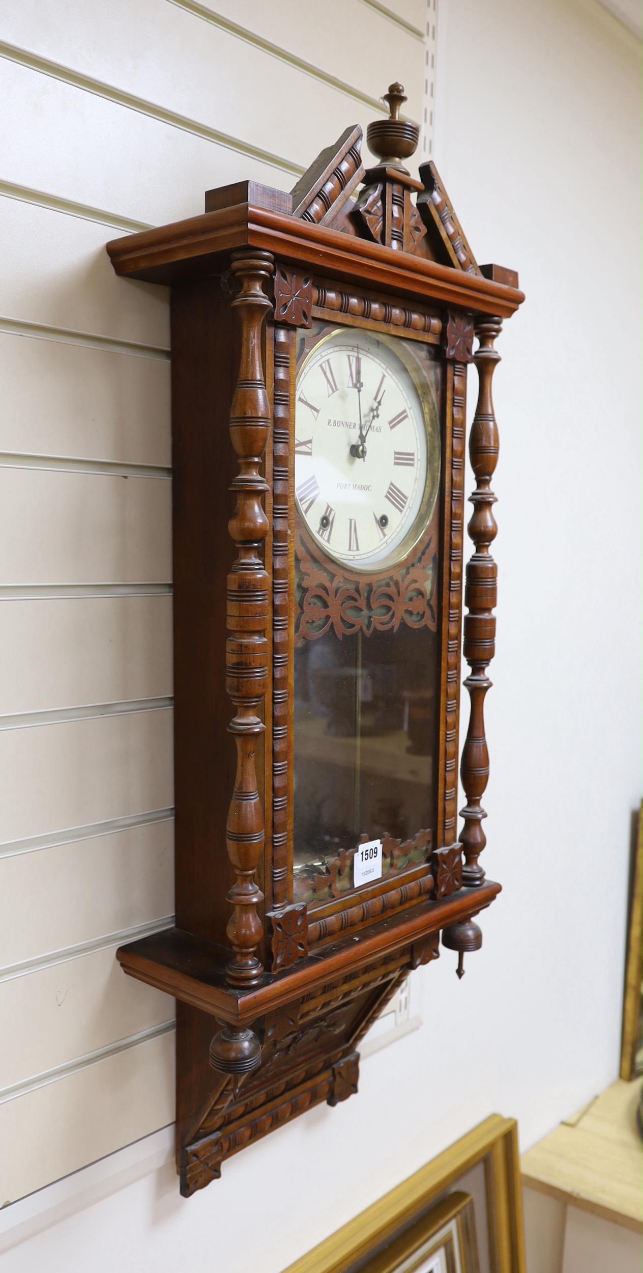 A late 19th century mahogany wall clock, inscribed R Bonner Thomas, Port Madoc, 96cm high - Image 2 of 2