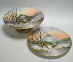 An English porcelain twelve piece dessert service, c.1875, painted with moonlit winter scenes,