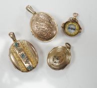 Three assorted early 20th century and later engraved yellow metal overlaid oval lockets including