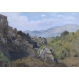 John Doyle (b.1928), gouache, Tuscan mountainous landscape with villas, signed, 30 x 42cm