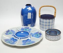 A Royal Copenhagen Alumina ware blue and white vase, a bamboo handled pot, a circular five section