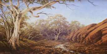 Olga C. Garner (Australian), oil on board, 'Dry creek bed', signed, 40 x 75cm
