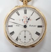A Swiss 14k open face keyless pocket watch, with Roman dial and subsidiary seconds, case diameter
