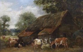 Arthur James Stark (1831-1902), oil on canvas, Farmyard scene with cattle grazing, unsigned, applied