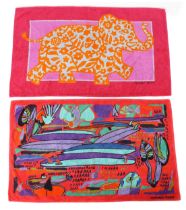 Two Hermès beach towels, one surf board scene and the other elephant design, 146cm x 88cm