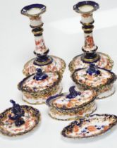 Seven Royal Crown Derby Imari dressing table items, pattern 2649, tallest 15cm