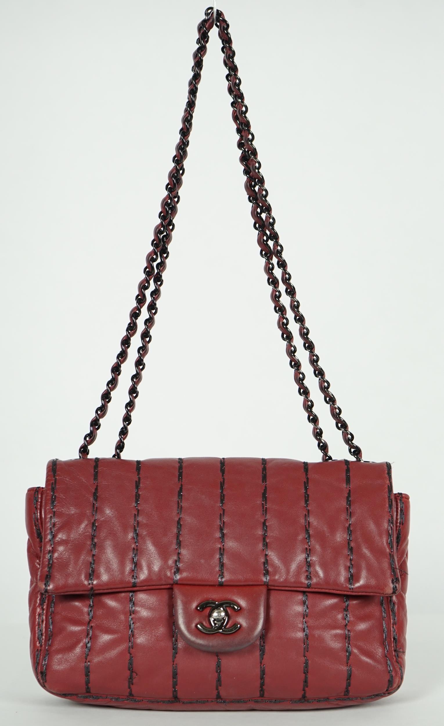 ** ** A Chanel Classic Jumbo Flap burgundy lambskin quilted shoulder bag, with pinstripe - Image 3 of 8