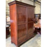 A George III style satinwood banded mahogany wardrobe, width 150cm, depth 61cm, height 201cm